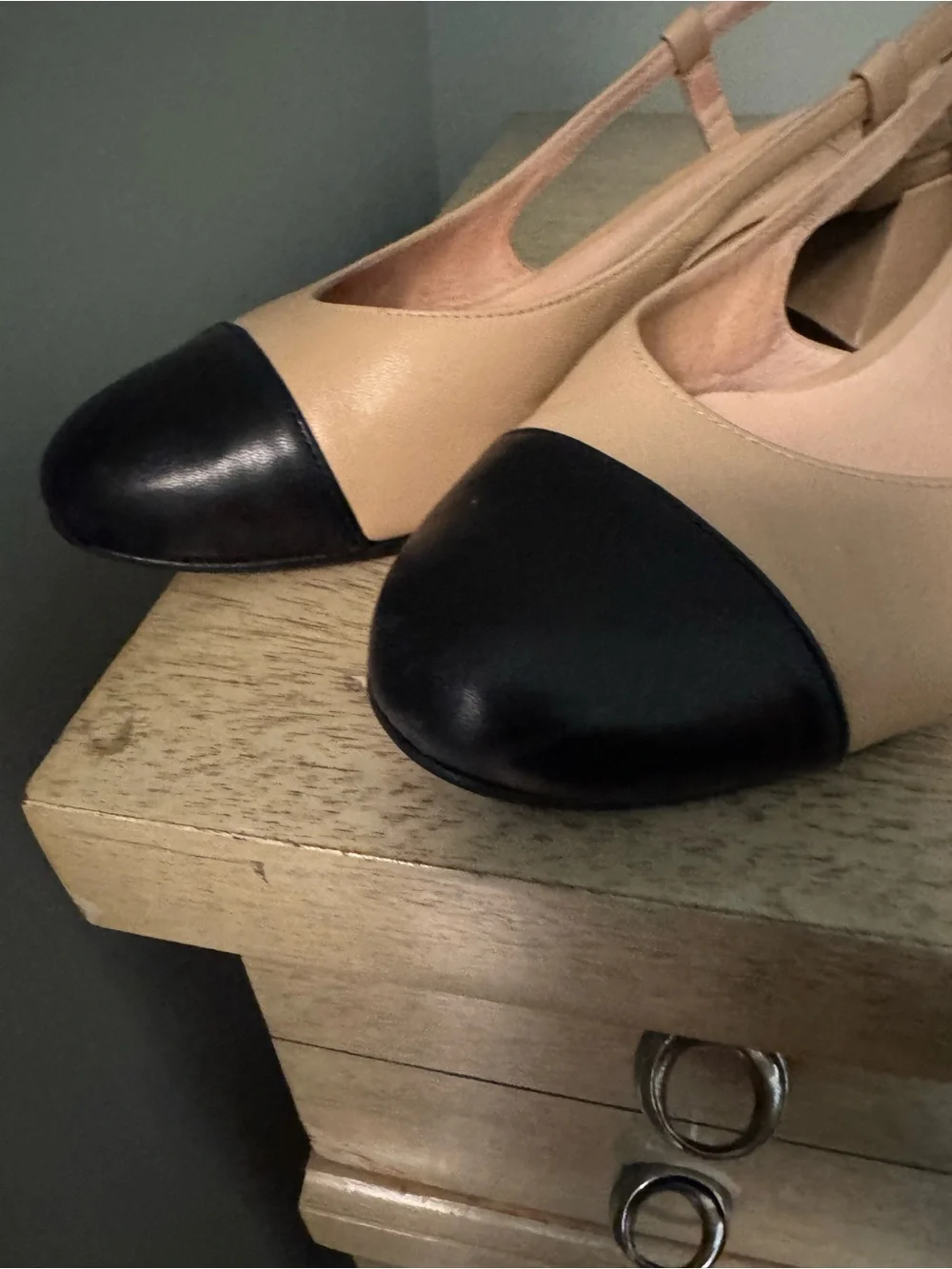 French Sole Nude and Black Cap-Toe Slingback Heels